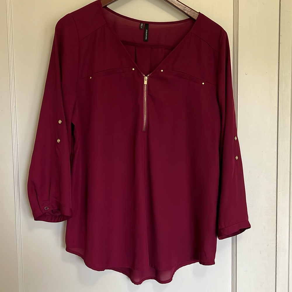 Maurices Women’s Large Burgundy Semi sheer Bouse with 3/4 sleeves - Picture 1 of 5